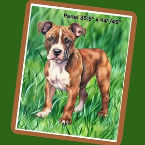 May include: A watercolor painting of a brown and white puppy standing in tall green grass. The artwork is framed and includes the text "Panel 35.5" x 44"/45". The puppy has a focused expression.