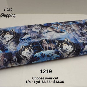 May include: Wolf print fabric with a blue background. The fabric features a repeating pattern of wolves in a snowy forest setting. The fabric is available in various sizes, from 1/4 yard to 1 yard.
