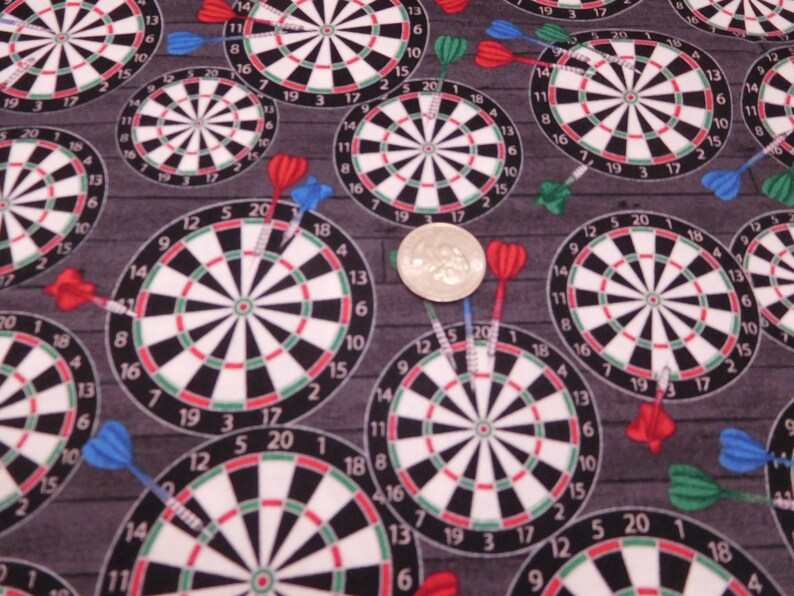 1224 Man Cave Darts on Black Fabric By the Yard; Fat Quarters to Full Yards