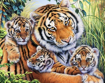 1216 Tiger Family Fabric Panel with Mother Tiger and Cubs; Big Cats; Wild Tigers for Living Room Tiger Wall Print; Quilt or Wall Hanging