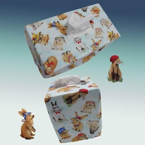 1404 Tossed Bunny Rabbits Tissue Box Cover - Square or Rectangular Fabric Holder with Dressed-up Bunnies in Hats, Eye Glasses, Bow Ties