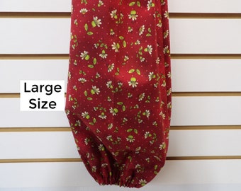 1422 Cranberry red plastic bag holder w/ folk art flowers for primitive farmhouse and country home decor; Large 28" L, 10-1/4" W