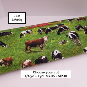 1012 Farm Themed 100% Cotton Fabric by the Yard shows assorted grazing cows in the pasture. Elizabeth&#39;s Studio Farmhouse Kitchen Decor.