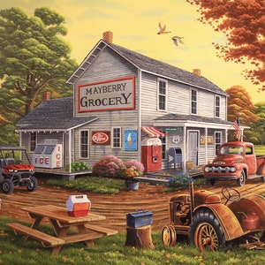1565 Vintage Mayberry Grocery 100% Cotton Fabric Panel, 44&quot; W x 35.5&quot; L. Old-Fashioned Country Store Scene with Tractor & Red Pickup Truck