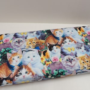 1217 Curious Kittens cotton fabric by the yard; David Textiles fat quarters, garden cats with spring flowers; Crazy cat lady gifts