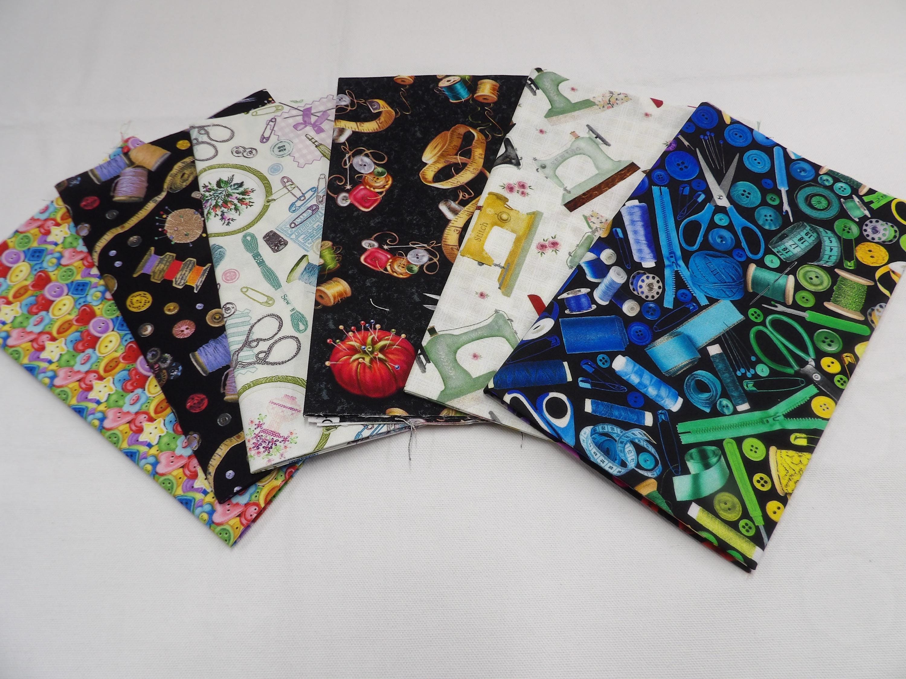 FQ-10-5 Sewing Themed Fat Quarter Bundle of 6 different prints for Gifts for Seamstress, Quilter, Crafter. Sewing Room Decor.