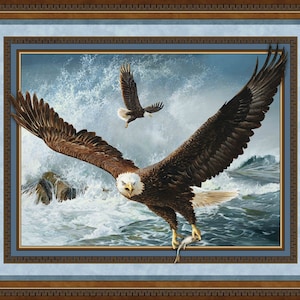May include: A framed artwork depicting two bald eagles in flight over a turbulent sea. The foreground eagle, with brown and white feathers, carries a fish. The artwork is framed with a brown and blue border.