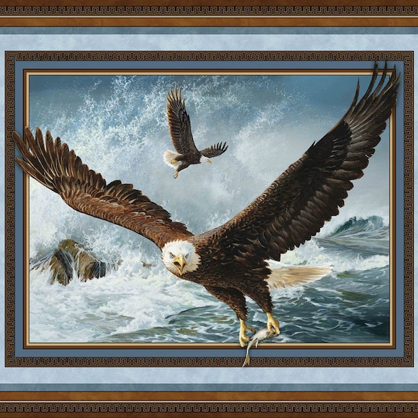 1255 Cotton fabric panel with American bald eagles soaring over ocean. 36"L x 44"W. For quilt, frame for wall hanging, door window covering.