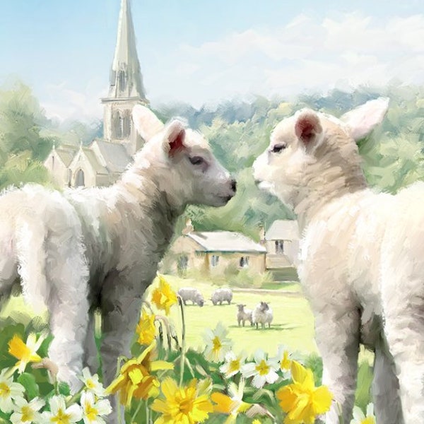 1053 Easter Lambs cotton fabric panel from David Textiles, 34.5" W x 44" L, baby nursery decor with baby sheep, daffodils, church scene