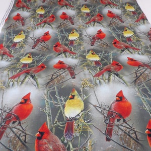1496 Winter Cardinals on Bare Branches, taupe background cardinal pairs allover cotton fabric by the yard David Textiles, small fabric cuts image 3