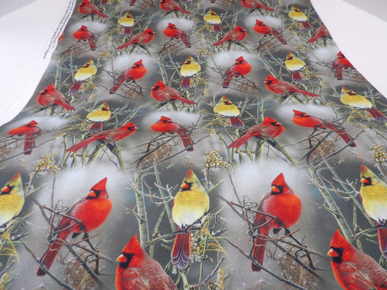 1496 Winter Cardinals on Bare Branches, taupe background cardinal pairs allover cotton fabric by the yard David Textiles, small fabric cuts image 3