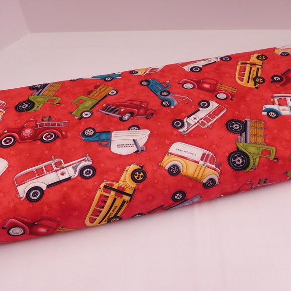 1211 Kids Truck fabric, Papa's Old Truck, cotton fabric by the yard, Henry Glass Co, fat quarters, colorful retro trucks on red background