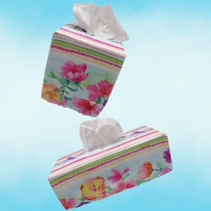 1268 Watercolor floral Tissue Box Cover - Square and Rectangular Shapes, Striped Design Washable Fabric Holder