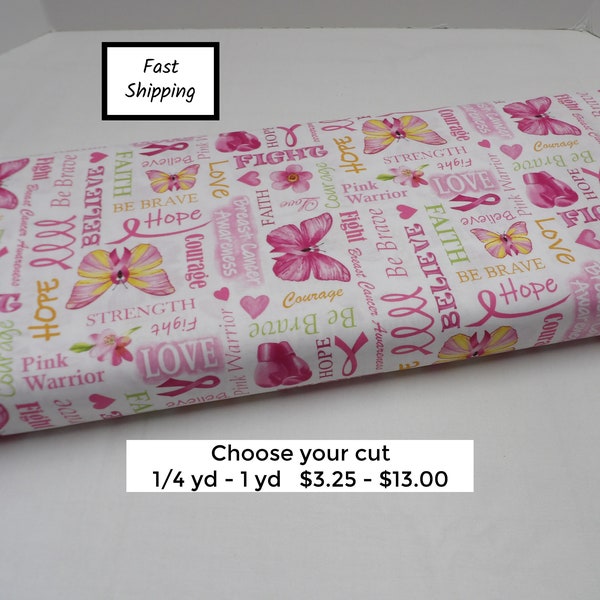 1655 Breast cancer awareness fabric by the yard. Studio E, "A Pink Celebration". Breast cancer fabric word print. Post surgery gifts.