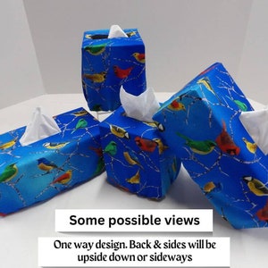 1549 Colorful Bird Themed Fabric Tissue Box Covers - Square & Rectangular Holders for Home, Car, Office, Dorm. Bright Colors on Vivid Blue.