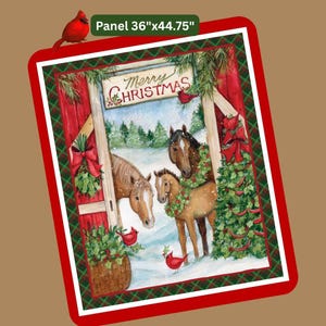 May include: A rectangular panel featuring a Christmas scene with horses. The panel is 36" x 44.75". The image shows three horses in a snowy barn setting, with a "Merry Christmas" sign. Red cardinals and festive decorations complete the holiday theme.