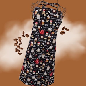 May include: A black apron featuring a repeating pattern of coffee-themed illustrations including various cups of latte, cappuccino, and espresso, red coffee pots, and scattered coffee beans, with the text labels coffee, latte, and cappuccino.