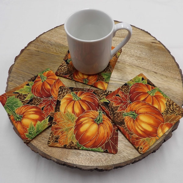 1442 Set of Four Coasters with fall pumpkins, pine cones and autumn leaves; Thanksgiving decor, table protector, mug mats; cloth mug rugs