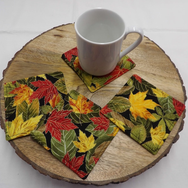 954 Fall leaves set of four coasters; Reversible coasters; mug mats, mug rugs w/ autumn leaves in orange, yellow, green. Thanksgiving decor