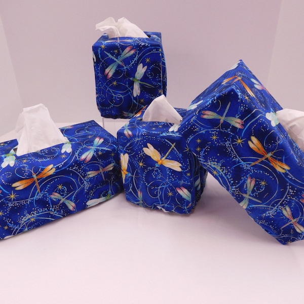 1266 Dragonfly decor tissue box cover in light medium dark blue, square, rectangular fabric tissue box holder, dragonfly lover gift