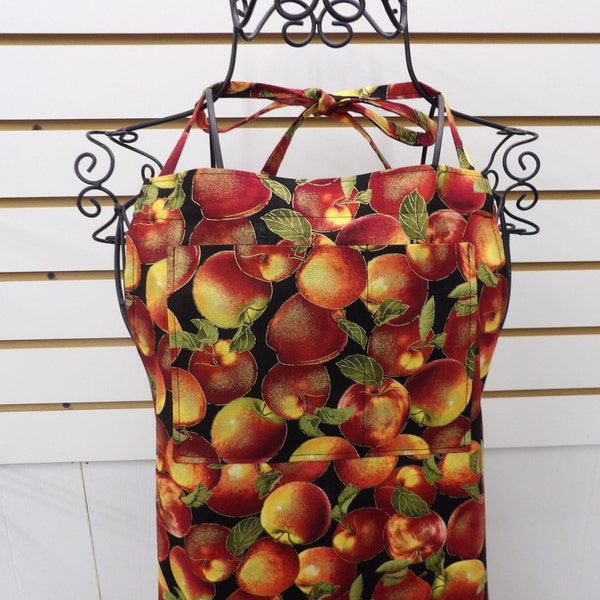 1282 Apple theme cotton bib apron for women with pockets, adjustable ties. Farmhouse country apple kitchen decor. Mothers Day, teacher apron