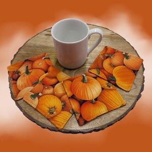 1156 Handmade Set of 4 Coasters with Orange Pumpkins: Double-Sided Table Protectors for Fall Decor, Entertaining, Housewarming Gift