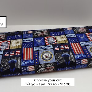 May include: Navy blue fabric with a repeating pattern of American flags, eagles, and the words "Honor, Love Family, Defend Freedom, No Self But Country, Hooyah".