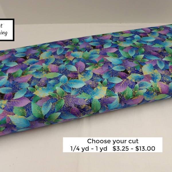 1394 Blue Purple Green Leaves cotton fabric by the yard, metallic highlights; Timeless Treasures CM1022, fat quarter, yardage; Chong-A Hwang