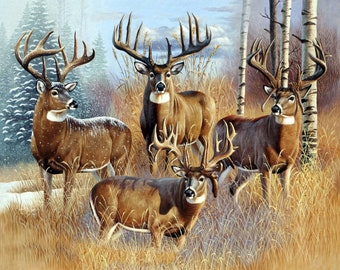 1359 Whitetail Bucks cotton fabric panel, 43.5"W x 33.5"L, David Textiles; for deer quilt, wall hanging, lap quilt, rustic cabin decor.