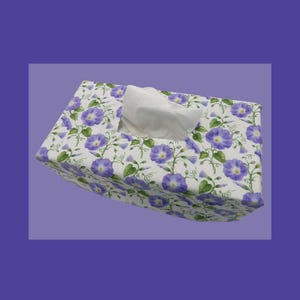 976 Morning Glory Tissue Box Cover: Rectangular Shaped Fabric Holder with Lavender Flowers and Green Leaves on White - for Home, Office, Car