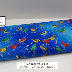 1549 Colorful Birds cotton fabric by the yard. Timeless Treasures &quot;Floral Forest&quot; by Chong-a Hwang.  Parakeet, red cardinal, chickadee birds