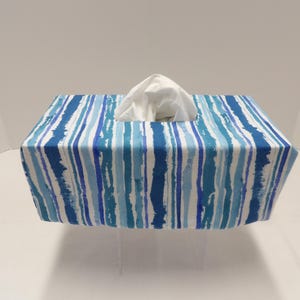 1245 Abstract Watercolor Stripes Rectangular Tissue Box Cover: Cotton Fabric Holder - Blue, Turquoise, Teal & White Irregular Lines of Color