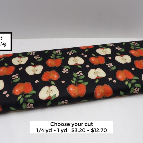 1534 Red apples on black cotton fabric from Windham Fabrics, by Whistler Studios. Fruit theme fabric, farmhouse decor, teacher gifts.