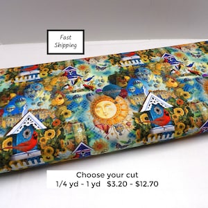1611 Whimsical Wonderland By Day 100% Cotton Fabric Yardage from Sykel: Birdhouses, Birds, Sunflowers, Celestial Sun, Hot Air Balloons.
