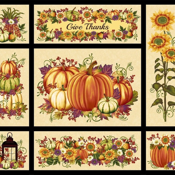 1299  Folk Art Style Sunflower Pumpkin quilt panel;  Pumpkin harvest wall hanging; Thanksgiving table runner, lap quilt, 100% cotton fabric