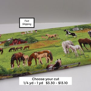 1610 Horses in pasture fabric by the yard; Elizabeth Studios 100% cotton, fat quarters to full yards; gifts for horse lover, horse quilt