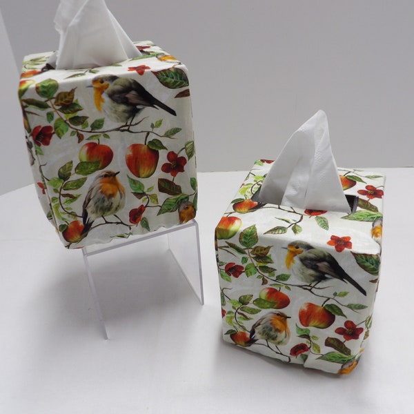 1656 Bird lovers square tissue box covers with small robins on apple tree branches. Bird watchers autumn decor fabric tissue box holders.