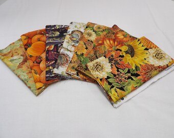 FQ-11-2 Autumn Theme 7 Piece Fat Quarter Bundle:  Fall leaves, Flowers, Pumpkins, Turkeys, Indian Corn for Thanksgiving Quilting Projects