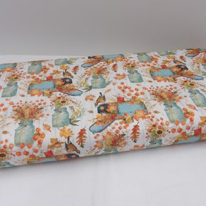 1464 Harvest Mason Jars 100% Cotton Fabric by the Yard - Thanksgiving, Fall Flowers, Birds, and Mailboxes