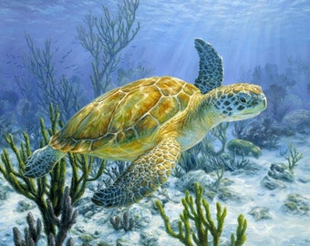 887 Sea Turtle Fabric Panel; Ancient Mariner Digital Print Fabric by David Textiles