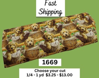 1669 Baby Goldendoodles 100% Cotton Fabric - David Textiles Digitally Printed Dog Lover Quilting Material with Puppies in Baskets