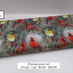 1496 Winter Cardinals on Bare Branches, taupe background cardinal pairs allover cotton fabric by the yard David Textiles, small fabric cuts image 1