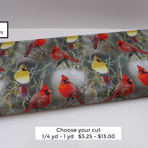 1496 Winter Cardinals on Bare Branches, taupe background cardinal pairs allover cotton fabric by the yard; David Textiles, small fabric cuts