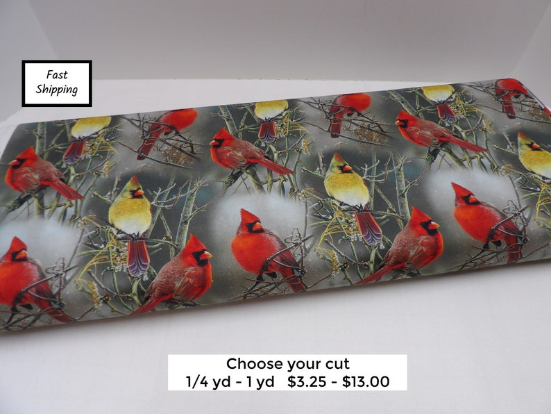 1496 Winter Cardinals on Bare Branches, taupe background cardinal pairs allover cotton fabric by the yard David Textiles, small fabric cuts image 1