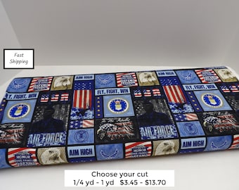 1586 Air Force Block Print 100% Cotton Fabric - NEW from Sykel #1339AF. USA Armed Services Military Quilting Material, Veteran Gifts