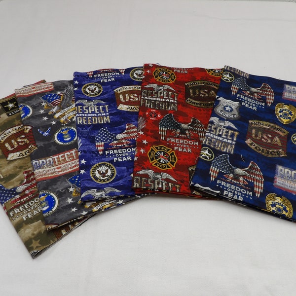 FQ-8 Faith and freedom heroes fat quarter bundle.  5 piece military, first responders Sykel 100% cotton fabric. Quilt, clothing, gifts.