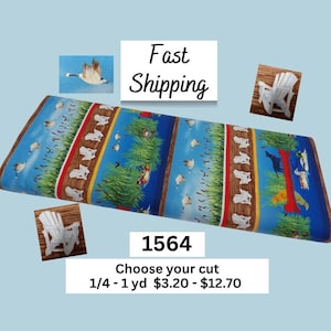 May include: A bolt of fabric featuring a repeating pattern of white Adirondack chairs, ducks in flight, and green reeds against a blue background, accented by brown and red stripes. The fabric displays the text 1564 and includes small inset images of a flying duck and a white Adirondack chair.
