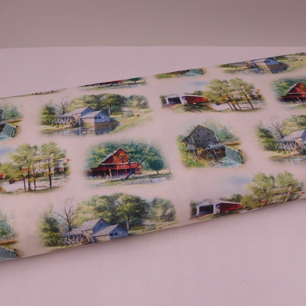 1226 Historic Old Mills fabric by the yard; Fat quarters, yardage; Rustic old grist mills, covered bridges; rural American country decor