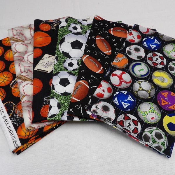 FQ-5 Six piece sports theme fat quarter bundle.  Generic basketball, baseball, soccer, & football cotton fabric for sports fan gifts, decor.