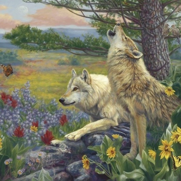 1558 Wolves in the Spring fabric panel for wolf lovers gift, wall hanging, lap quilt. David Textiles "From the Field", 43"W x 35"L.